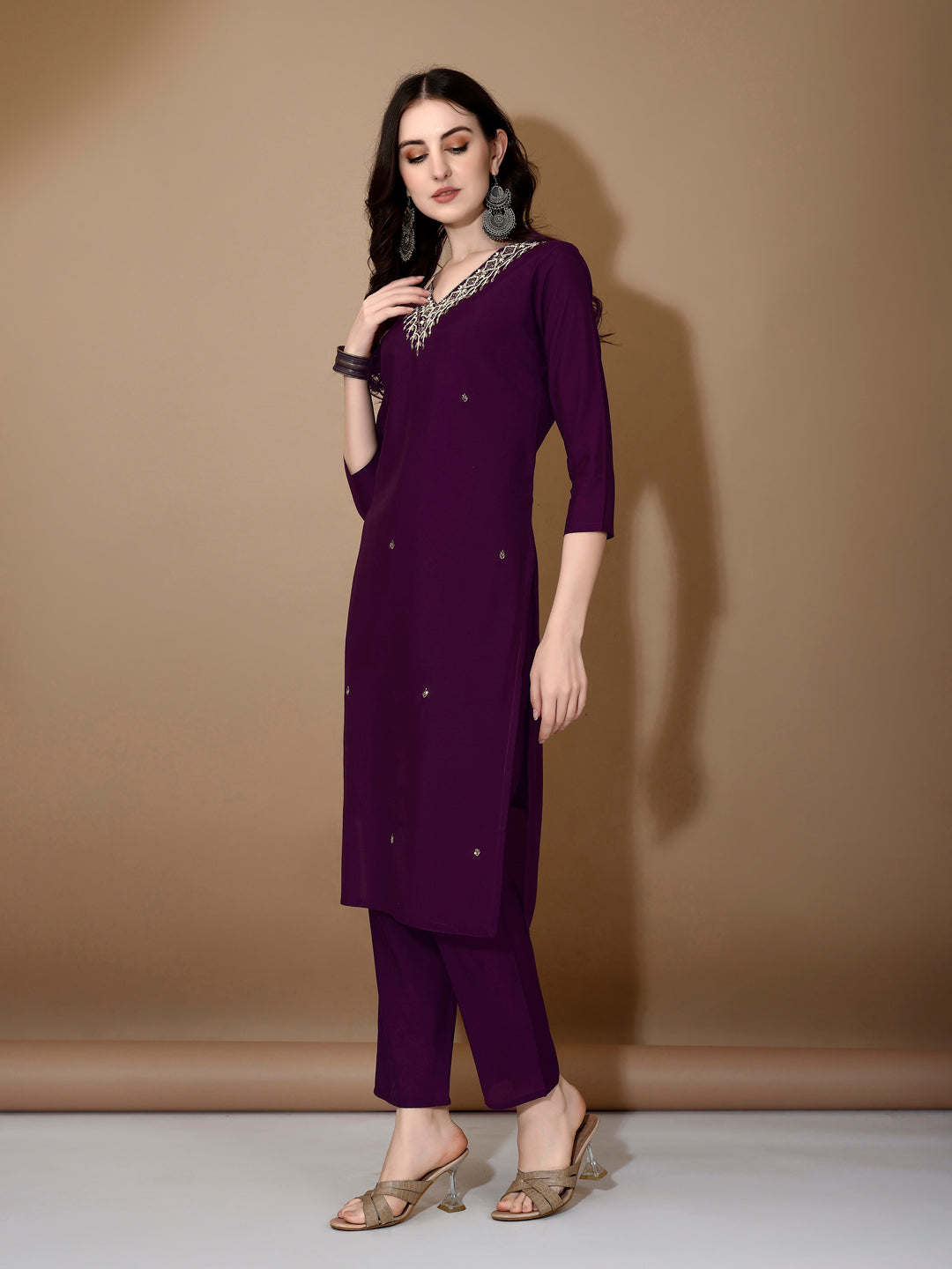 Hand Embroidered Kurta With Pant & Dupatta Premium Luxury, Purple - Hiral Fashion - Distacart