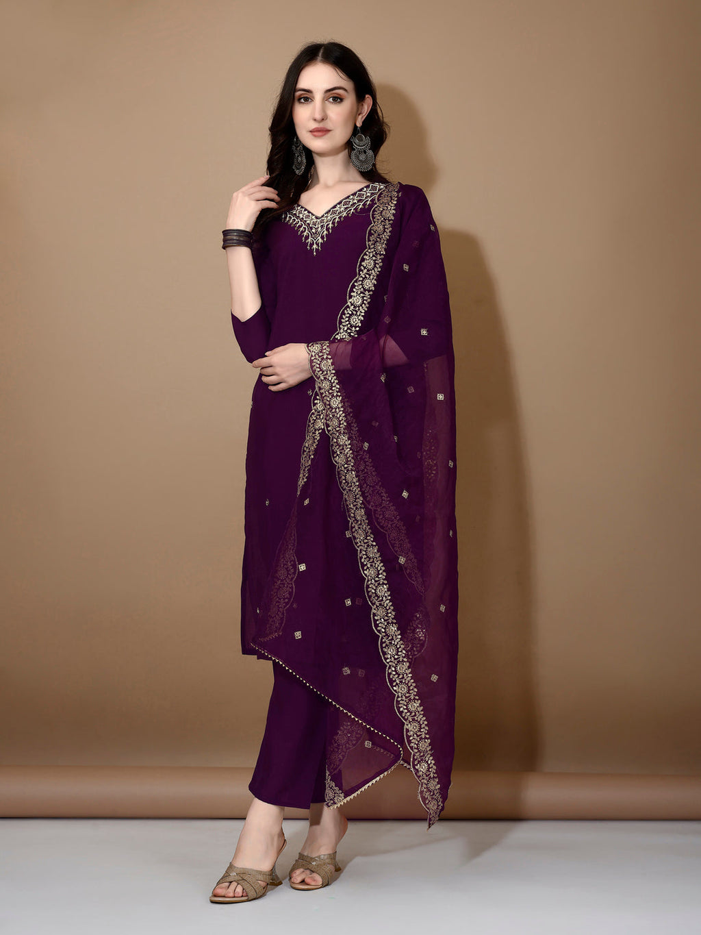 Hand Embroidered Kurta With Pant & Dupatta Premium Luxury, Purple - Hiral Fashion - Distacart