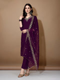 Hand Embroidered Kurta With Pant & Dupatta Premium Luxury, Purple - Hiral Fashion - Distacart