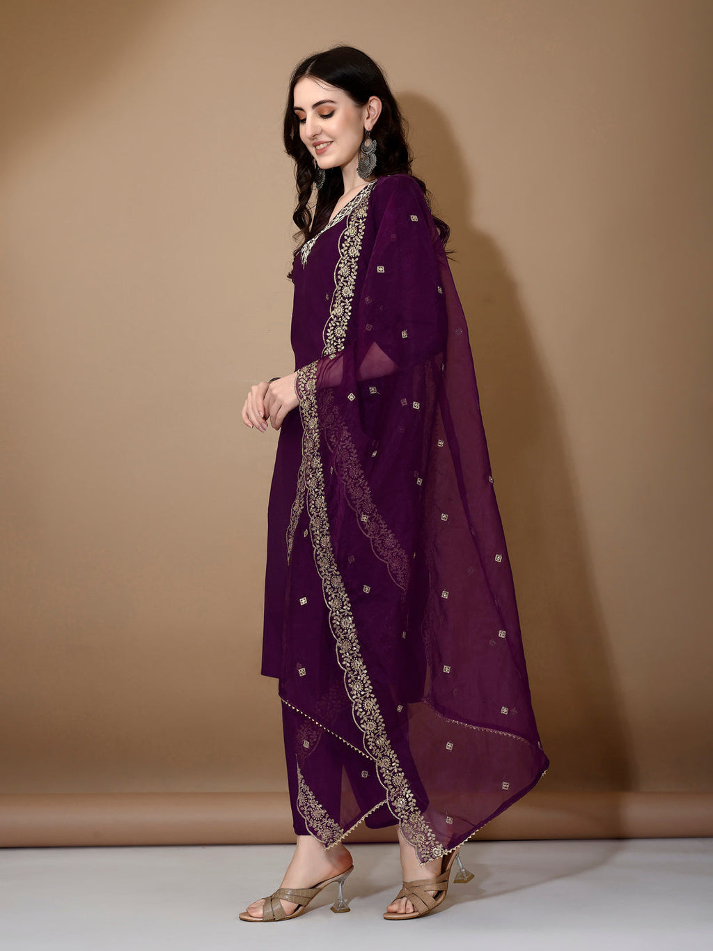 Hand Embroidered Kurta With Pant & Dupatta Premium Luxury, Purple - Hiral Fashion - Distacart