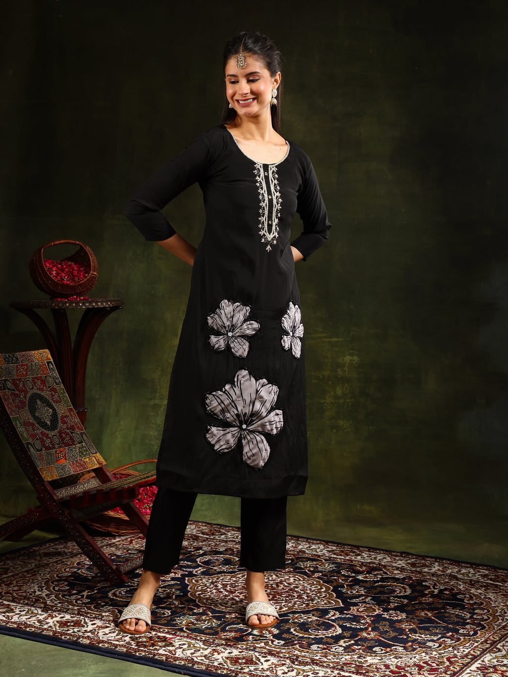 Hand Embroidered Kurta With Pant & Printed Dupatta, Black - Hiral Fashion