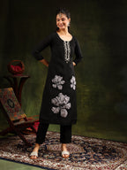 Hand Embroidered Kurta With Pant & Printed Dupatta, Black - Hiral Fashion