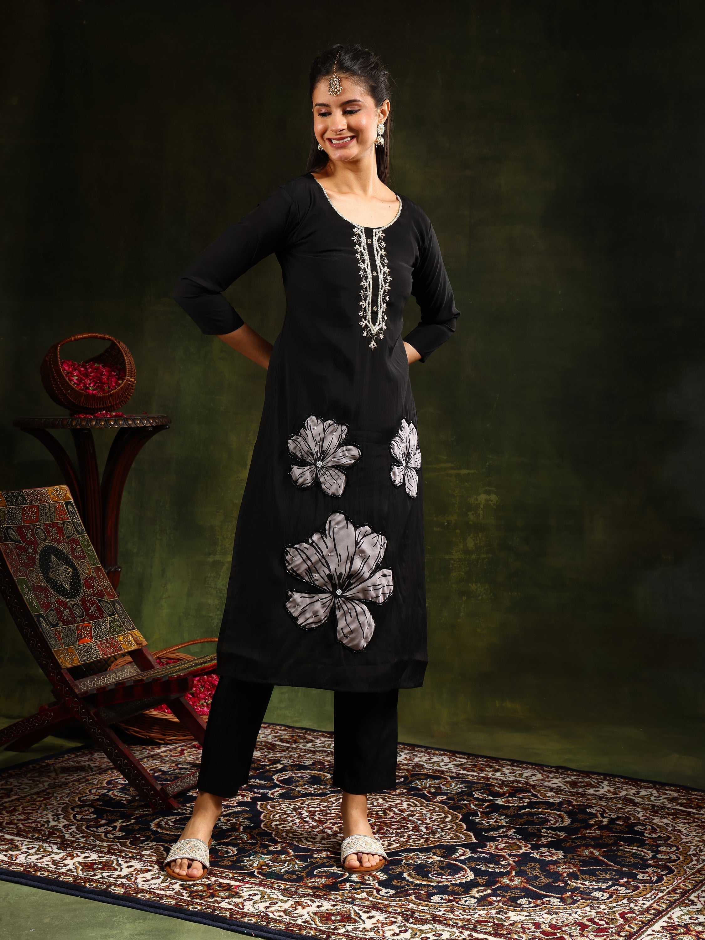 Hand Embroidered Kurta With Pant & Printed Dupatta, Black - Hiral Fashion