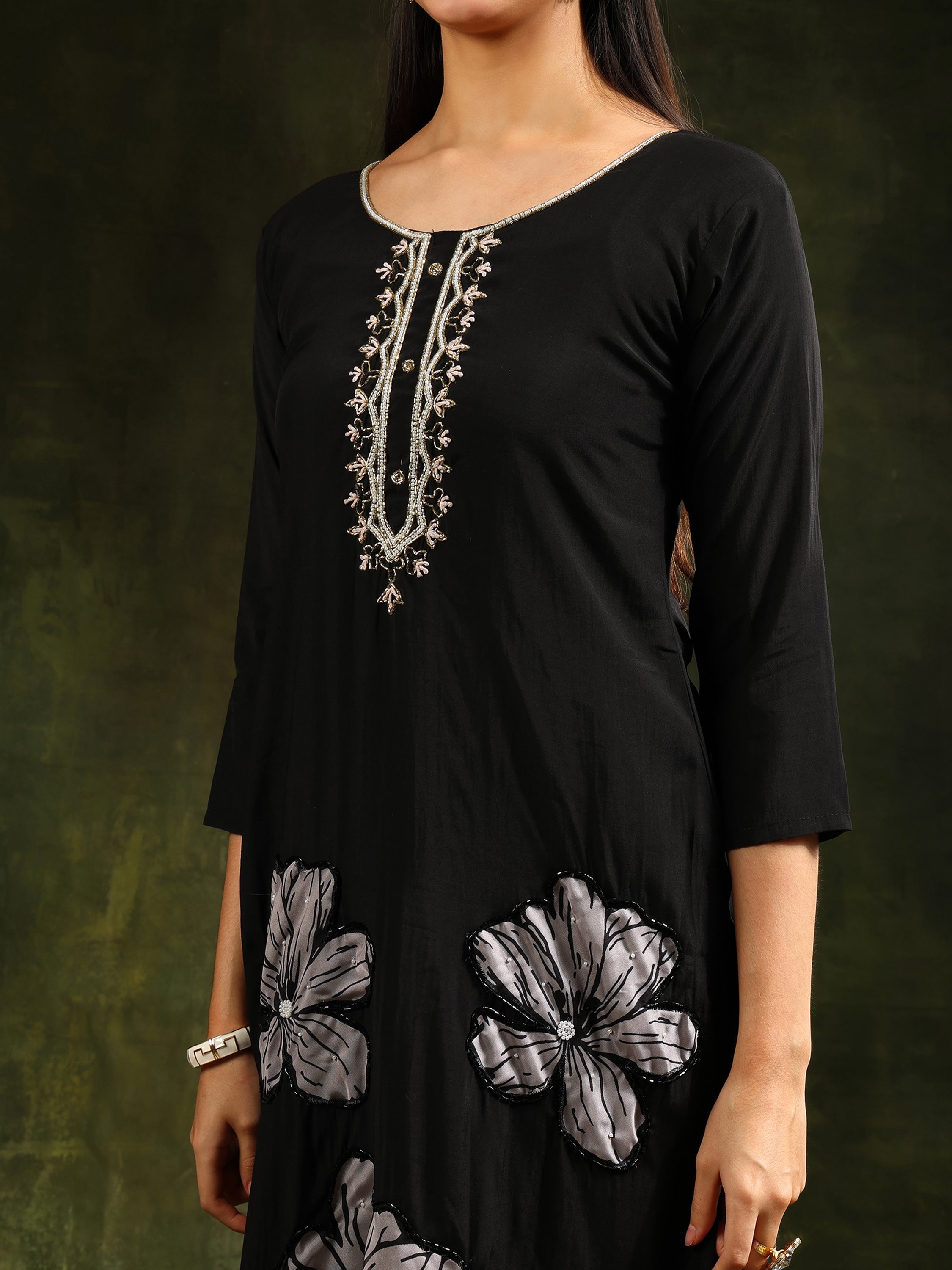 Hand Embroidered Kurta With Pant & Printed Dupatta, Black - Hiral Fashion