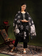 Hand Embroidered Kurta With Pant & Printed Dupatta, Black - Hiral Fashion