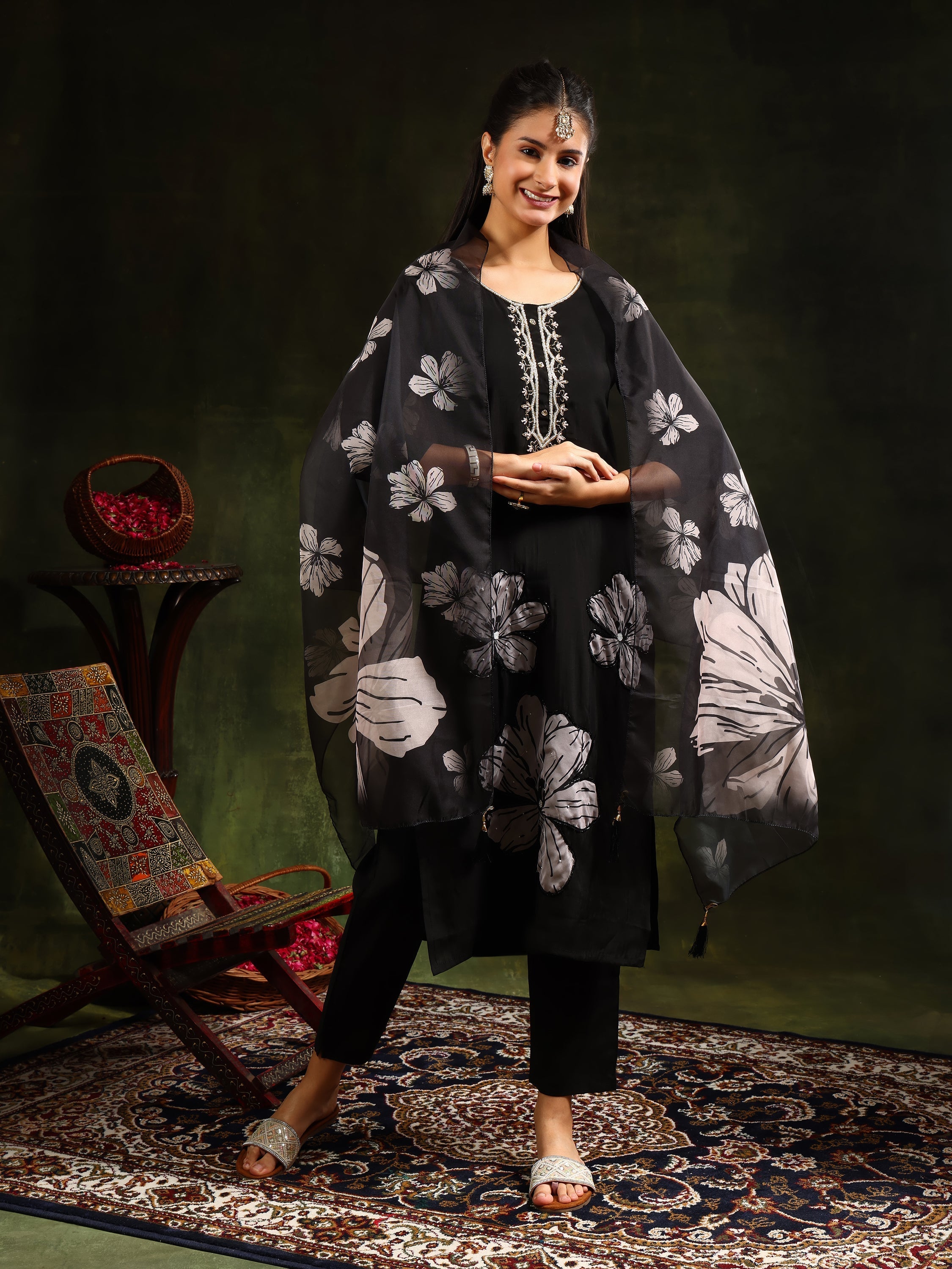 Hand Embroidered Kurta With Pant & Printed Dupatta, Black - Hiral Fashion