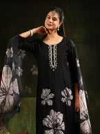 Hand Embroidered Kurta With Pant & Printed Dupatta, Black - Hiral Fashion