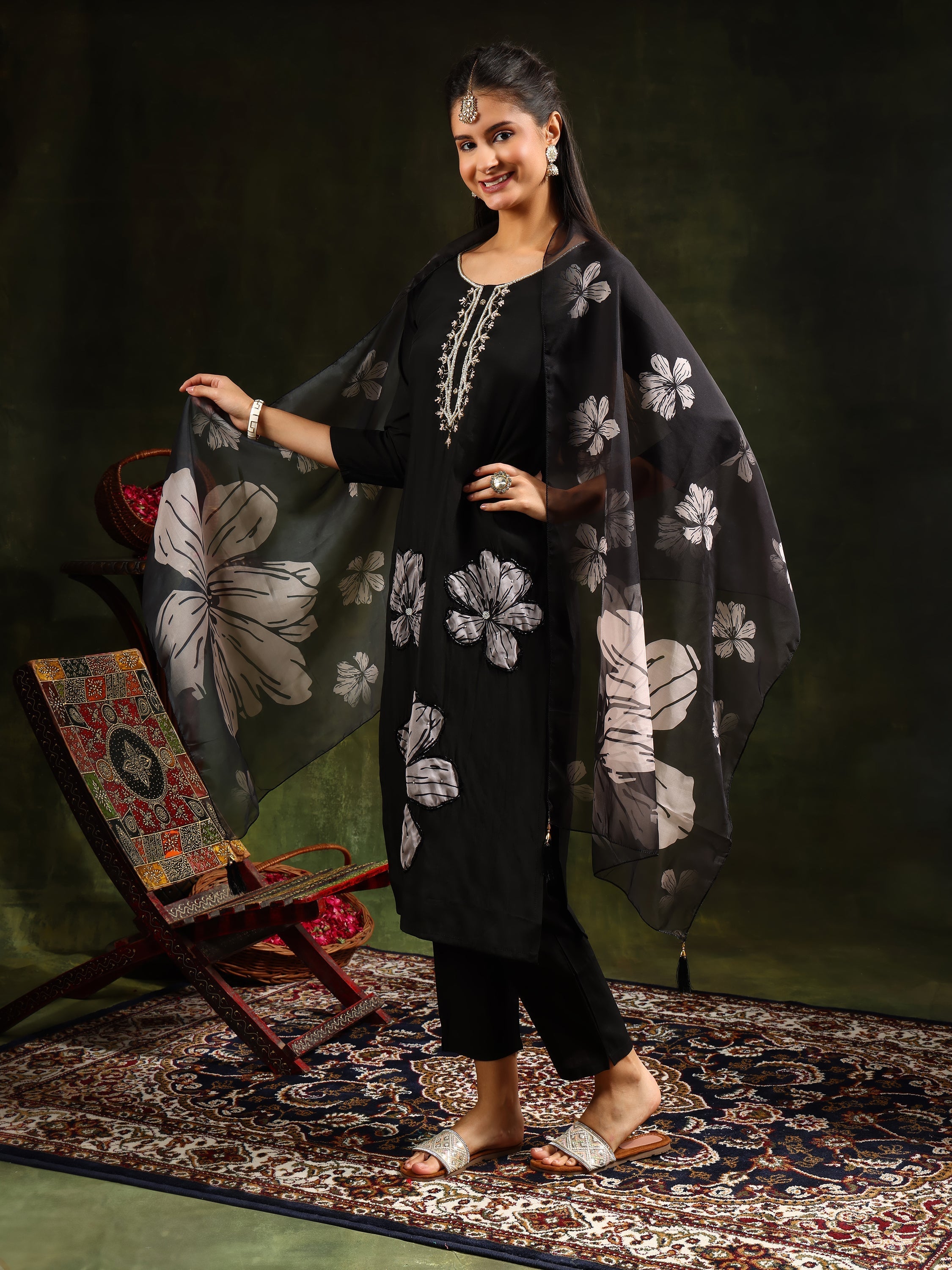 Hand Embroidered Kurta With Pant & Printed Dupatta, Black - Hiral Fashion