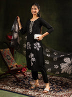 Hand Embroidered Kurta With Pant & Printed Dupatta, Black - Hiral Fashion