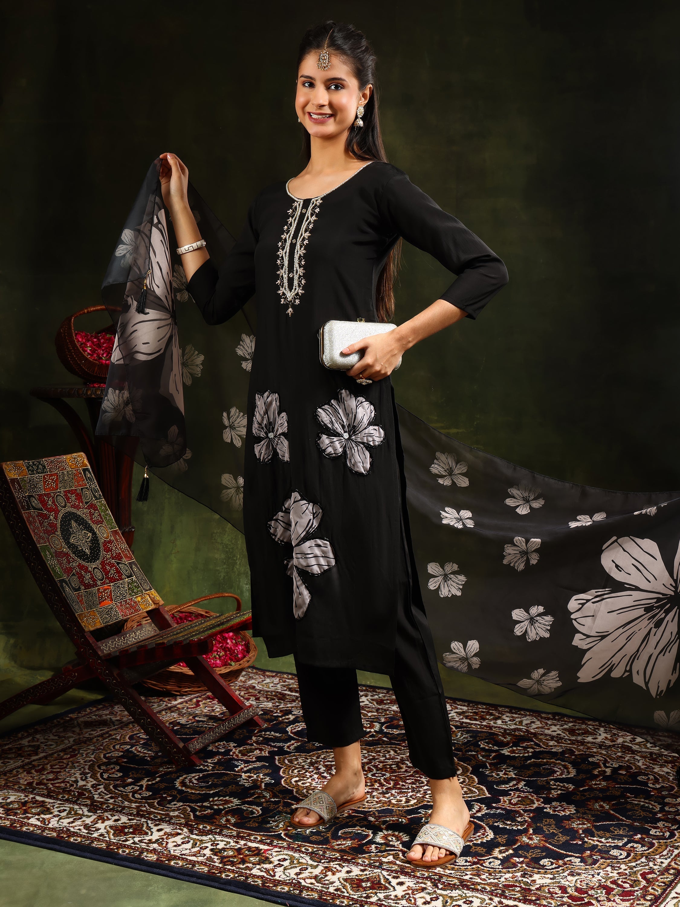 Hand Embroidered Kurta With Pant & Printed Dupatta, Black - Hiral Fashion