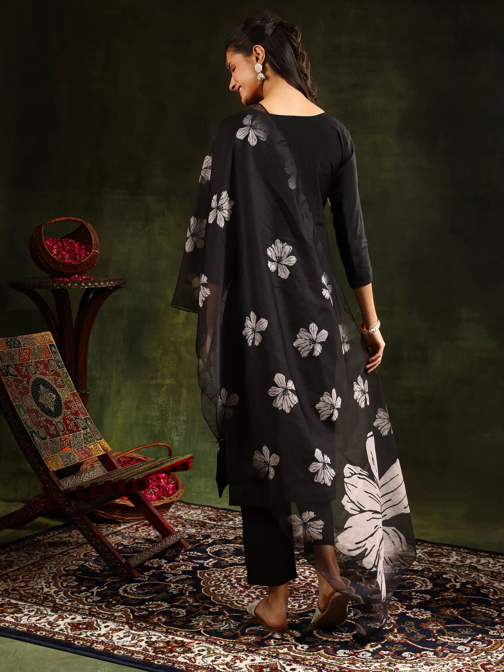 Hand Embroidered Kurta With Pant & Printed Dupatta, Black - Hiral Fashion