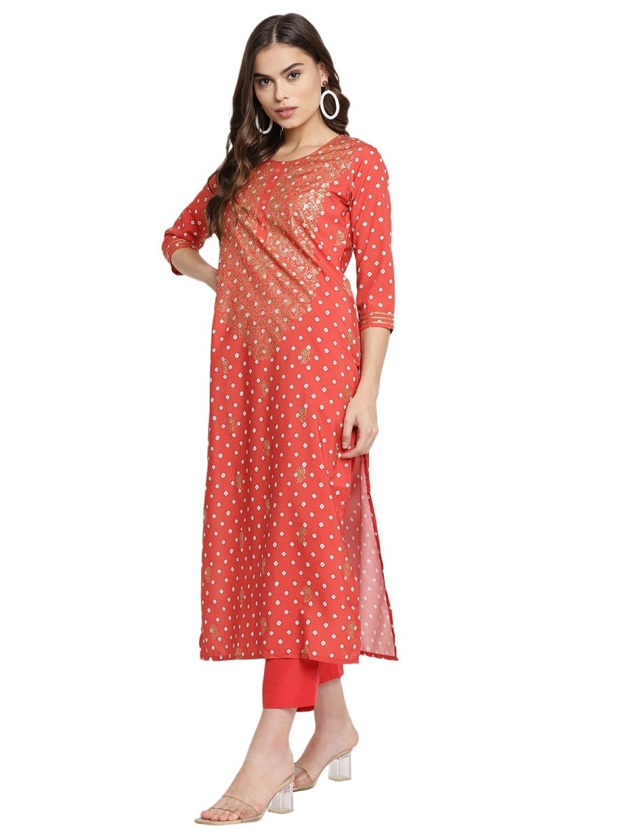 Ahalyaa Red Crepe Bandhani Gold Printed Kurta Pant With Dupatta