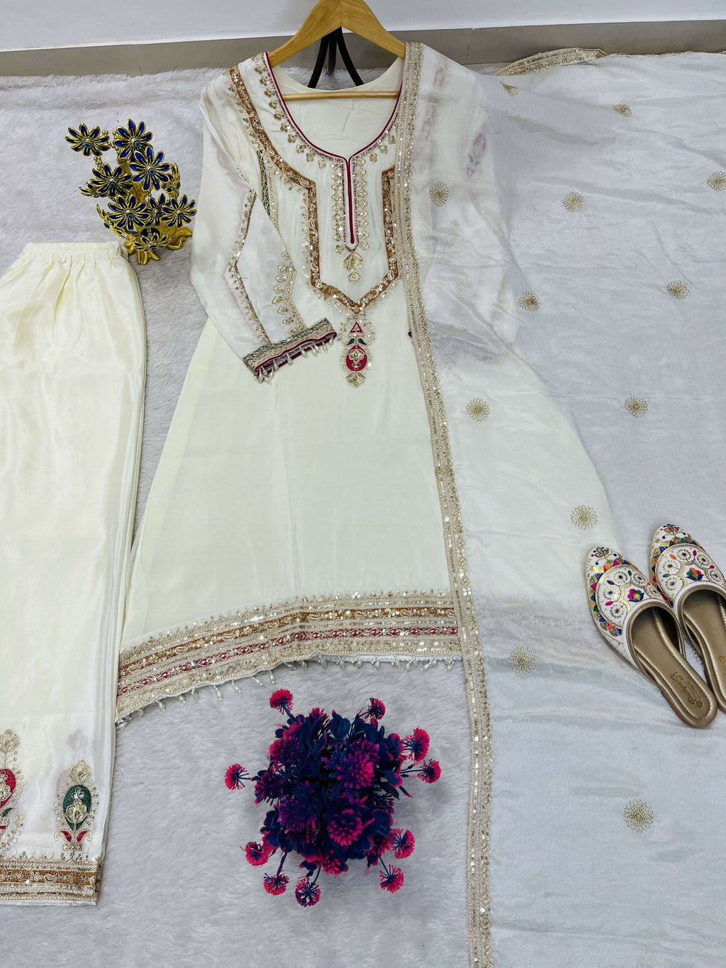 Teeya Creation Cream Color Chinon Silk Party Wear Trending Palazzo Set - Distacart