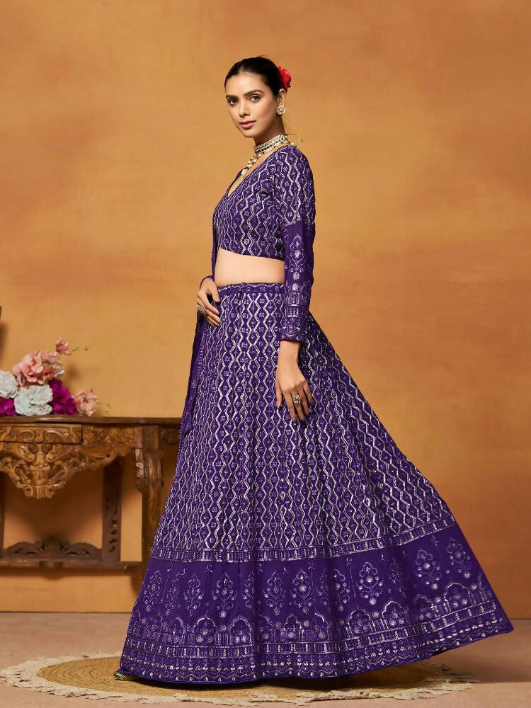 Purple Thread Sequence Embroidered Georgette Lehenga Choli - Jihu Culture
