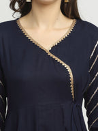 Rudra Bazaar Blue Angrakha Style Flared Kurta with Pyjamas & Dupatta - Distacart