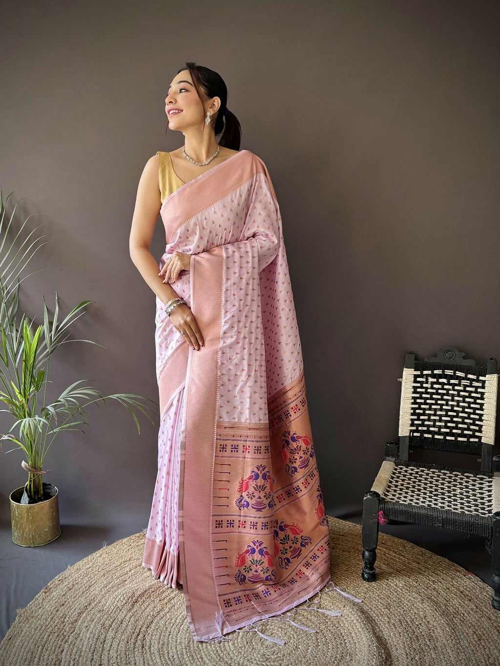 Joban Fashion Lavender Jacquard Butti Soft Lichi Silk Paithani Saree - Distacart