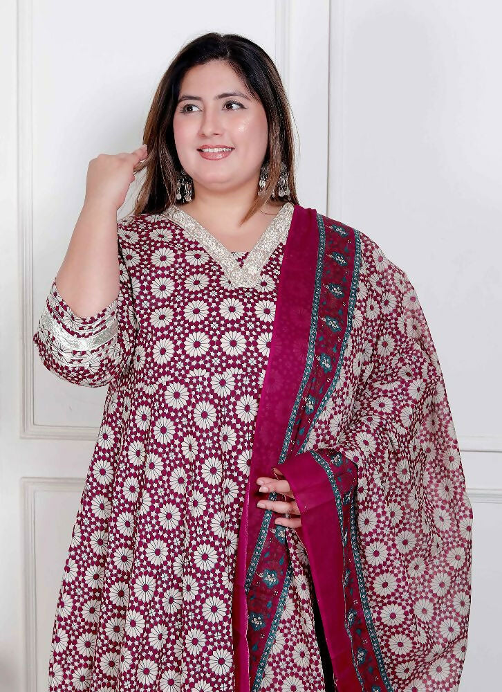 Miravan Plus Size Women'S Cream Embroidered Cotton Anarkali Kurta And Dupatta - Distacart