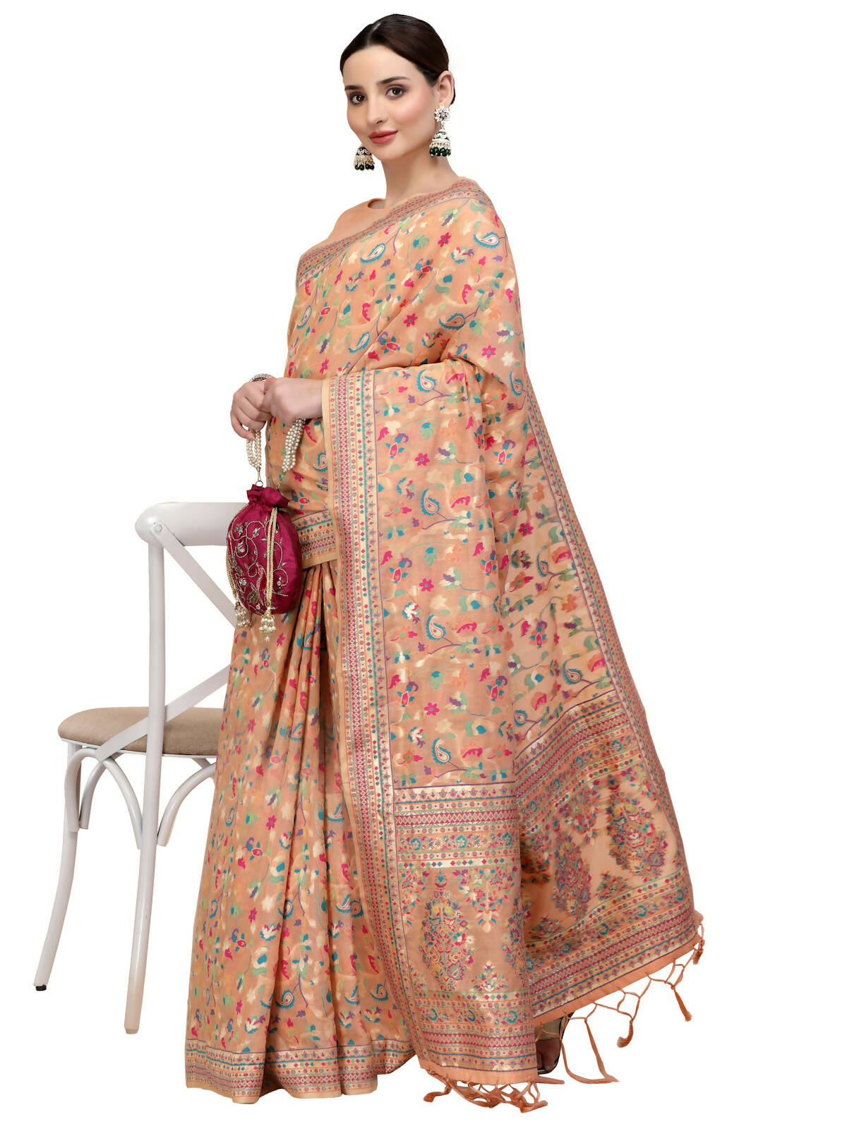 Peach Silk Blend Woven Design Saree With Unstitched Blouse Piece - Aloki