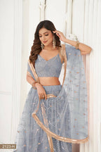 Aastha Fashion Light Gray Butterfly Net Tone To Tone Thread Work, Sequence Work And Original Mirror Work Embroidery Wedding Wear Lehenga Choli