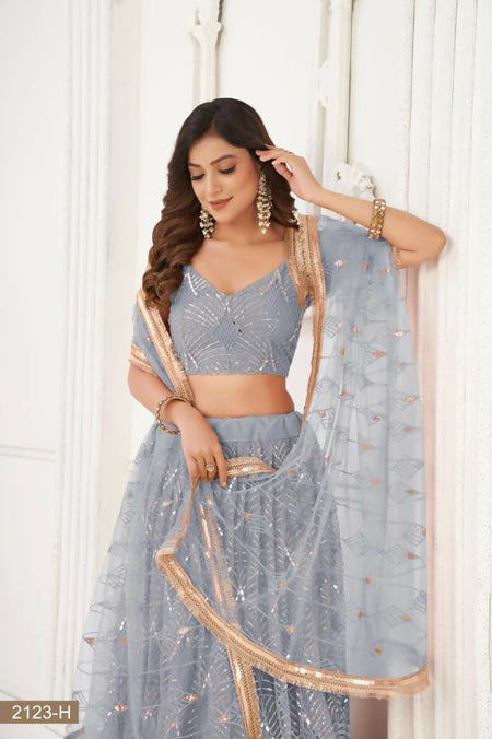 Aastha Fashion Light Gray Butterfly Net Tone To Tone Thread Work, Sequence Work And Original Mirror Work Embroidery Wedding Wear Lehenga Choli