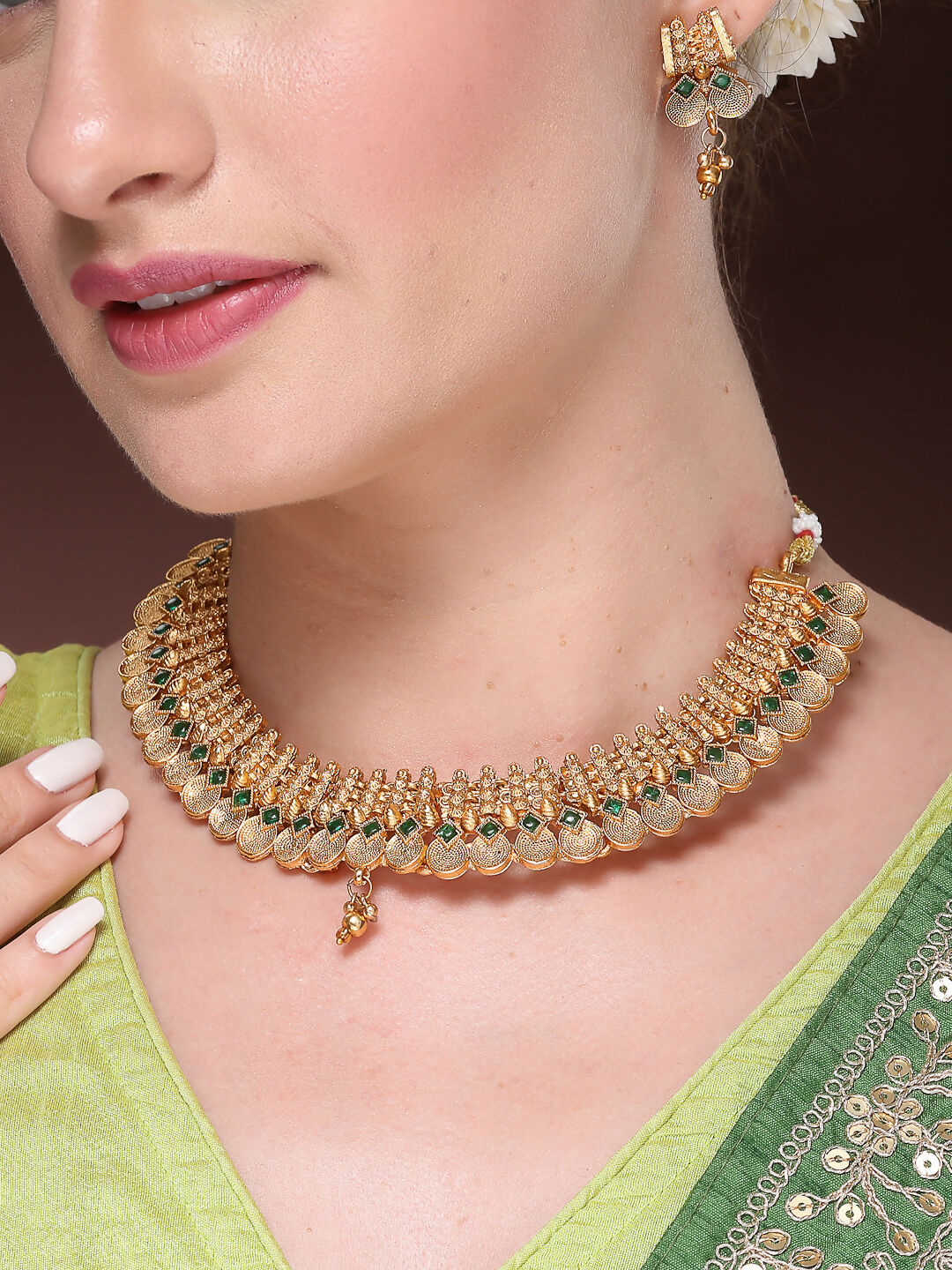 NVR Women's Gold-Polished Green Stone Studded Handcrafted Temple Jewellery Set