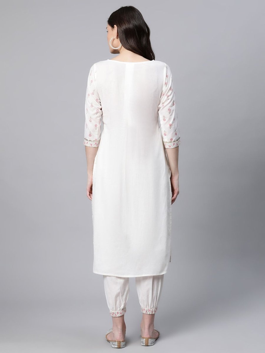 Ahalyaa Women Offwhite Pure Cotton Printed Floral Kurta With Trousers - Distacart