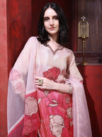 Hand & Pacement Floral Embroidered Kurta With Pant & Embroidered Dupatta, Pink - Hiral Fashion - Distacart