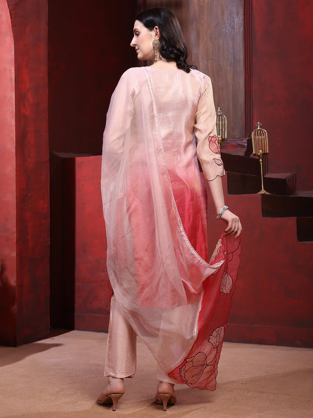 Hand & Pacement Floral Embroidered Kurta With Pant & Embroidered Dupatta, Pink - Hiral Fashion - Distacart