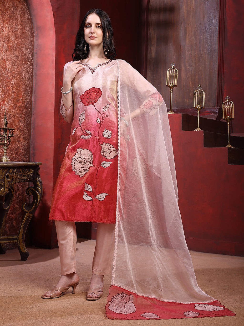Hand & Pacement Floral Embroidered Kurta With Pant & Embroidered Dupatta, Pink - Hiral Fashion - Distacart