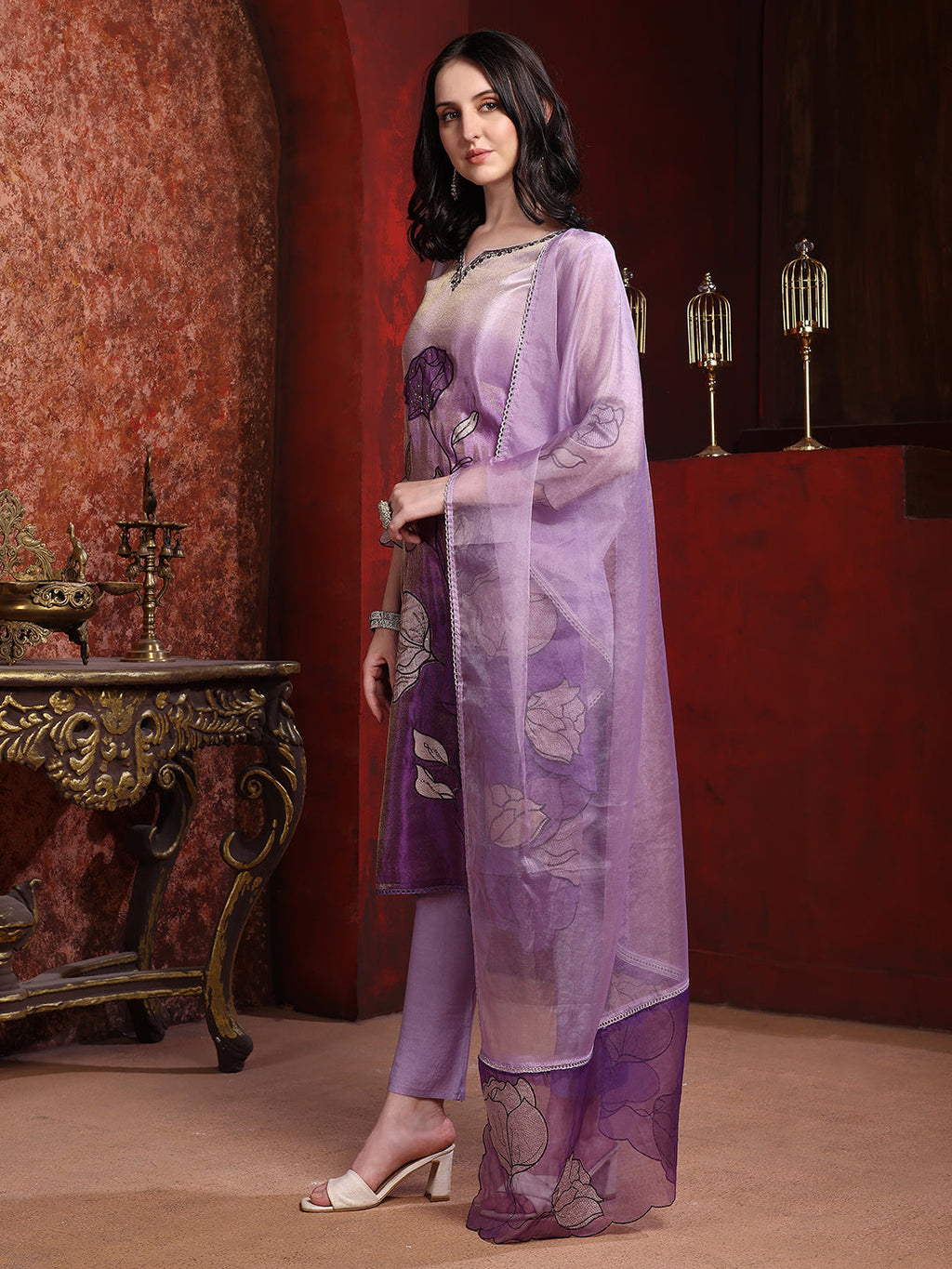 Hand & Pacement Floral Embroidered Kurta With Pant & Embroidered Dupatta, Purple - Hiral Fashion - Distacart