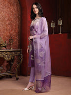 Hand & Pacement Floral Embroidered Kurta With Pant & Embroidered Dupatta, Purple - Hiral Fashion - Distacart