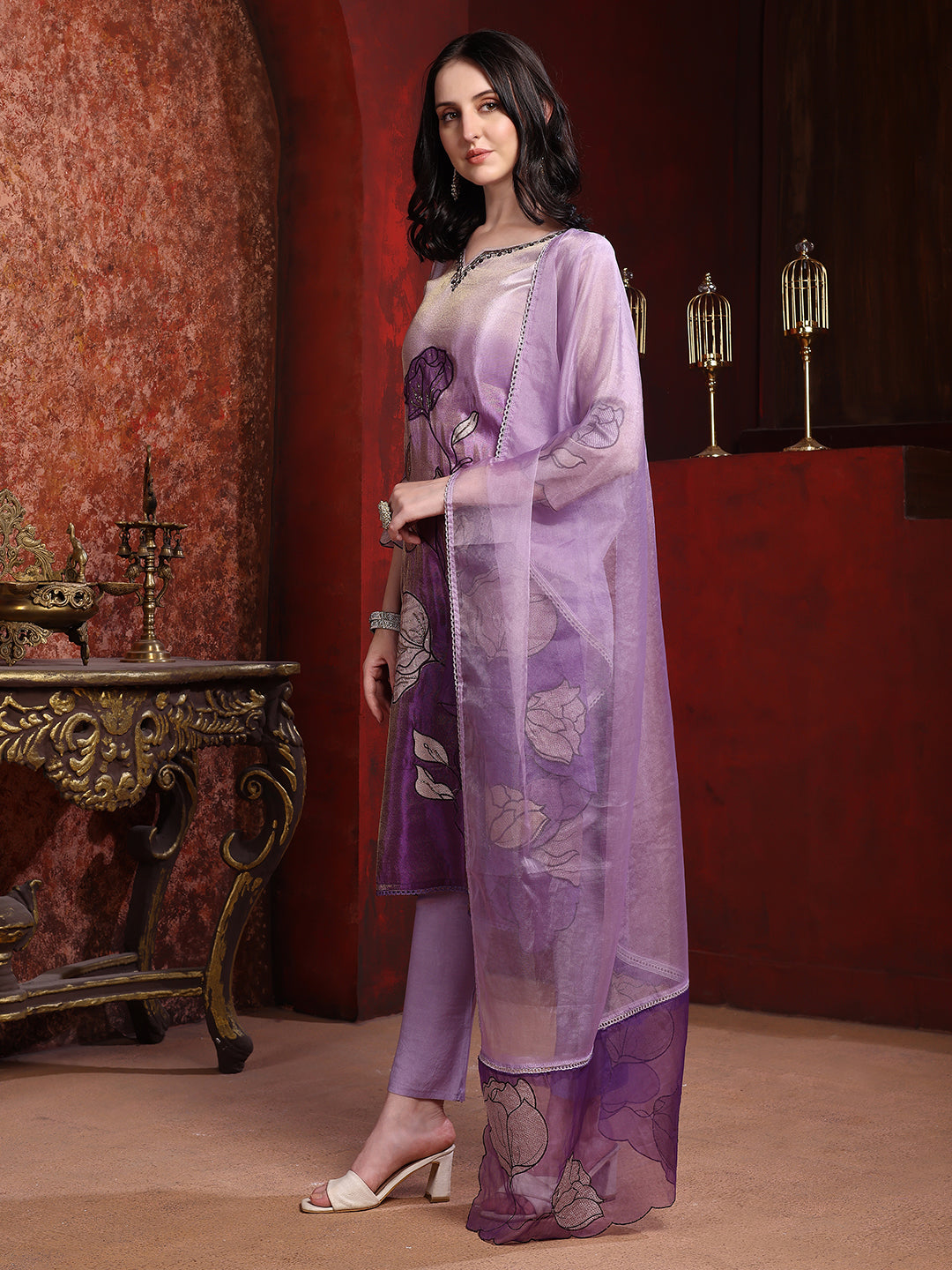 Hand & Pacement Floral Embroidered Kurta With Pant & Embroidered Dupatta, Purple - Hiral Fashion - Distacart