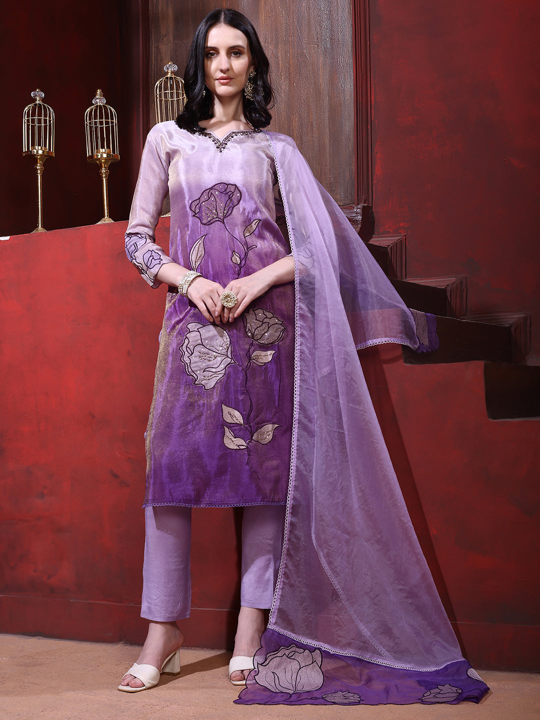 Hand & Pacement Floral Embroidered Kurta With Pant & Embroidered Dupatta, Purple - Hiral Fashion - Distacart