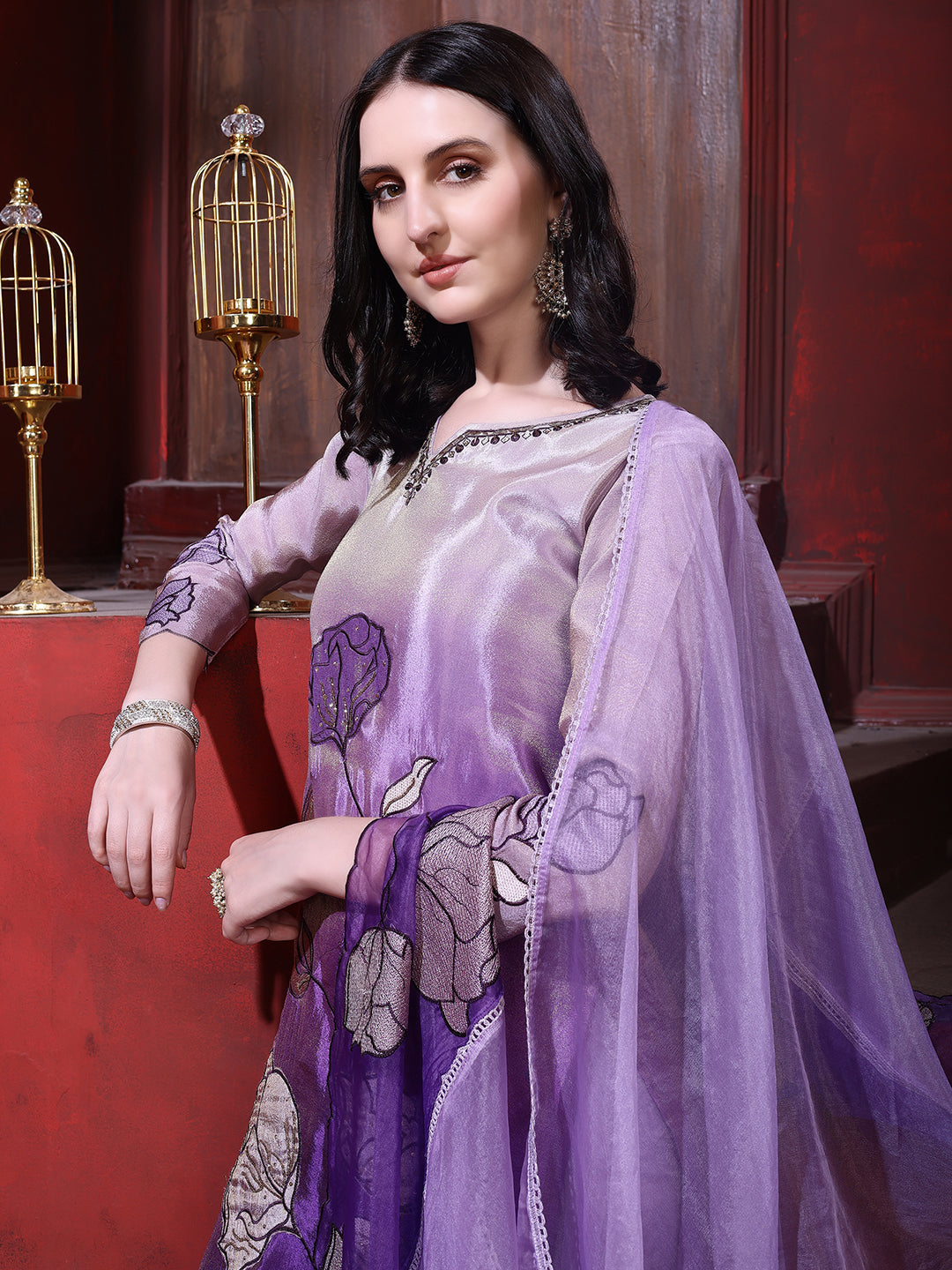 Hand & Pacement Floral Embroidered Kurta With Pant & Embroidered Dupatta, Purple - Hiral Fashion - Distacart