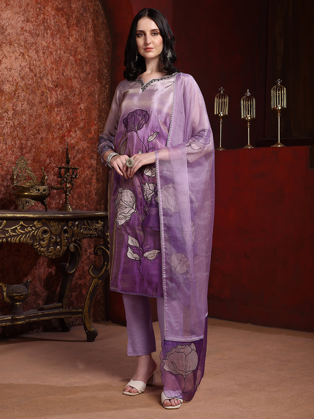 Hand & Pacement Floral Embroidered Kurta With Pant & Embroidered Dupatta, Purple - Hiral Fashion - Distacart