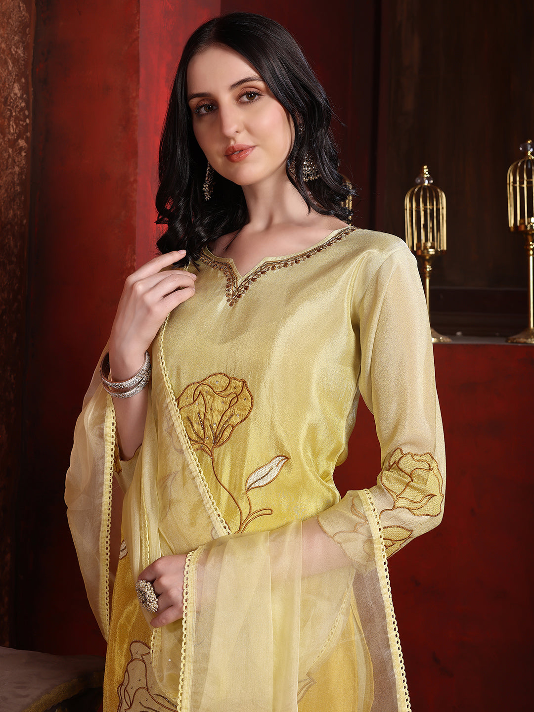 Hand & Pacement Floral Embroidered Kurta With Pant & Embroidered Dupatta, Yellow - Hiral Fashion - Distacart