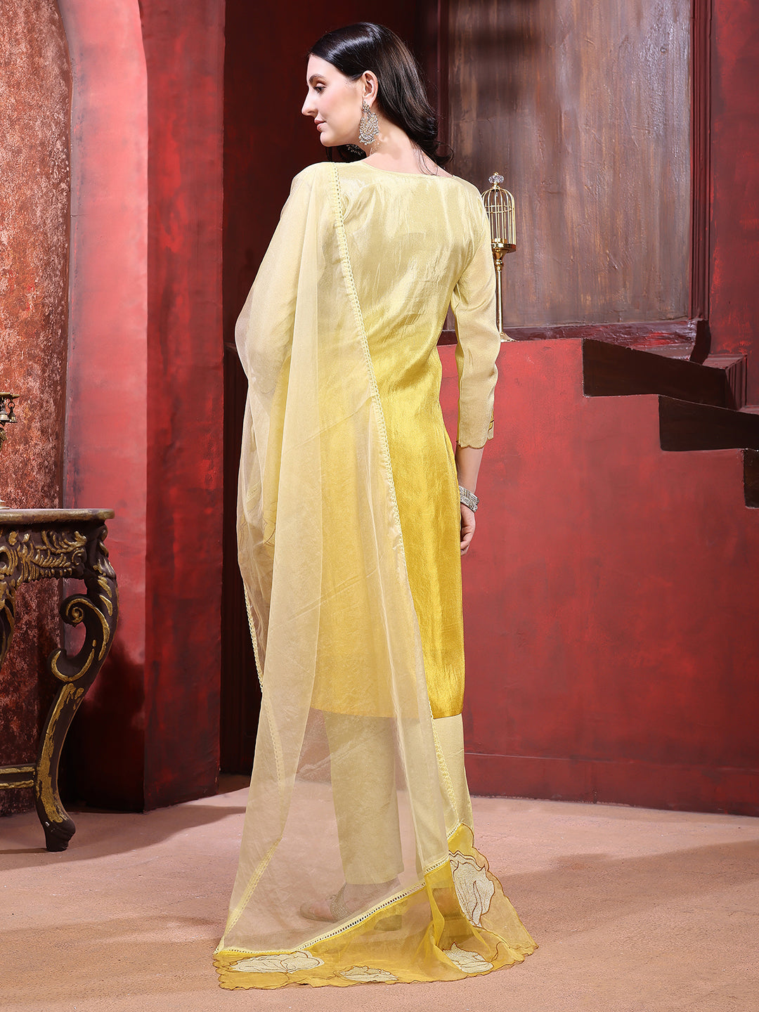 Hand & Pacement Floral Embroidered Kurta With Pant & Embroidered Dupatta, Yellow - Hiral Fashion - Distacart