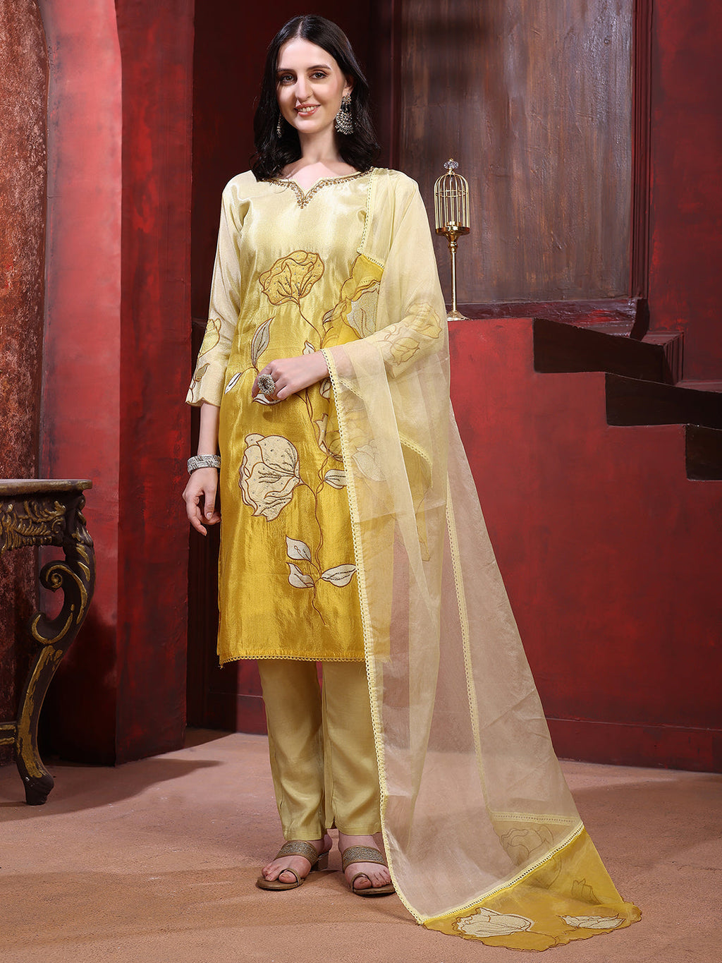 Hand & Pacement Floral Embroidered Kurta With Pant & Embroidered Dupatta, Yellow - Hiral Fashion - Distacart