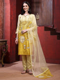 Hand & Pacement Floral Embroidered Kurta With Pant & Embroidered Dupatta, Yellow - Hiral Fashion - Distacart