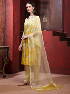 Hand & Pacement Floral Embroidered Kurta With Pant & Embroidered Dupatta, Yellow - Hiral Fashion - Distacart