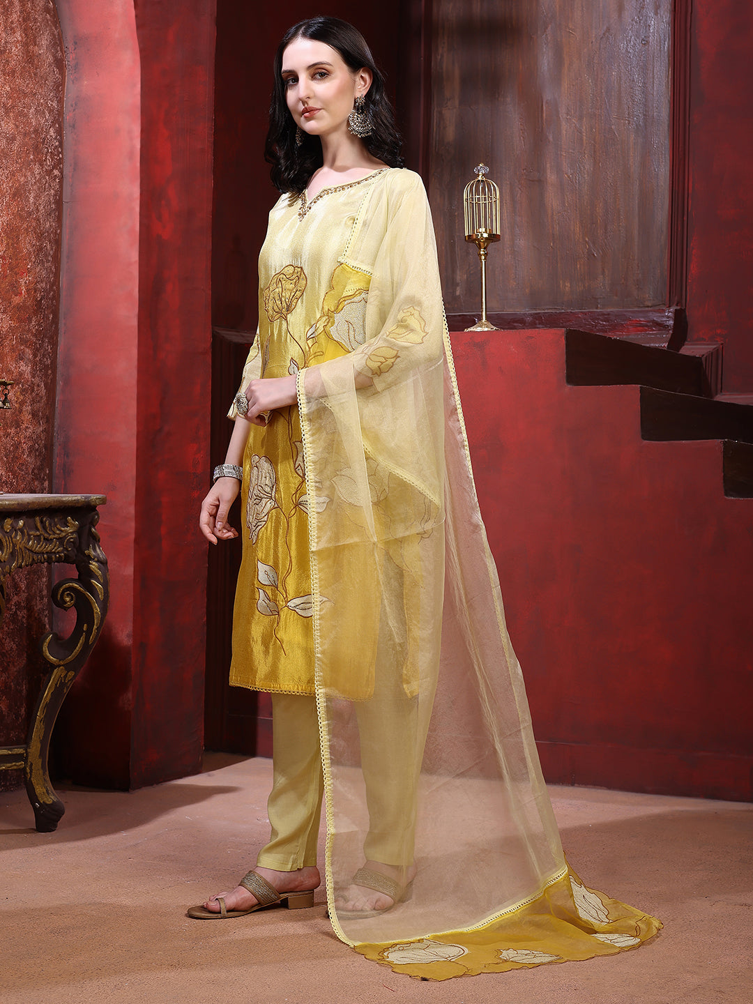 Hand & Pacement Floral Embroidered Kurta With Pant & Embroidered Dupatta, Yellow - Hiral Fashion - Distacart