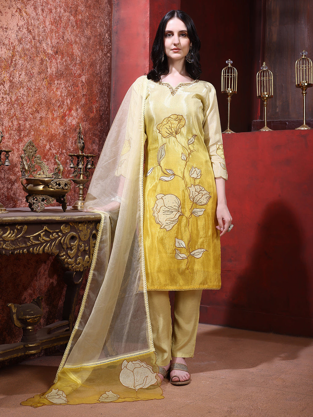 Hand & Pacement Floral Embroidered Kurta With Pant & Embroidered Dupatta, Yellow - Hiral Fashion - Distacart