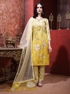 Hand & Pacement Floral Embroidered Kurta With Pant & Embroidered Dupatta, Yellow - Hiral Fashion - Distacart