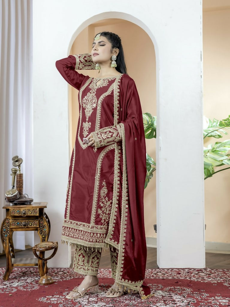 Teeya Creation Maroon Color Chinnon Silk Embroidery Work Fully Stitched Salwar Suit - Distacart