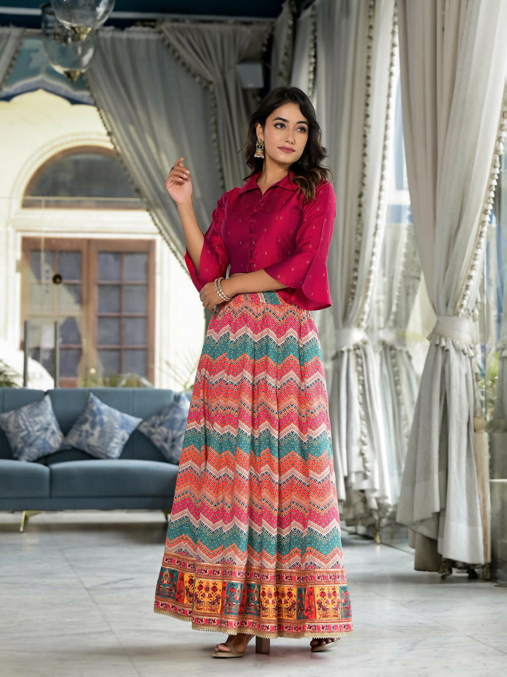 Juniper Women's Multi Ethnic Motif Printed Cotton Crop Top And Skirt With Lace & Button Detail