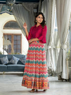 Juniper Women's Multi Ethnic Motif Printed Cotton Crop Top And Skirt With Lace & Button Detail
