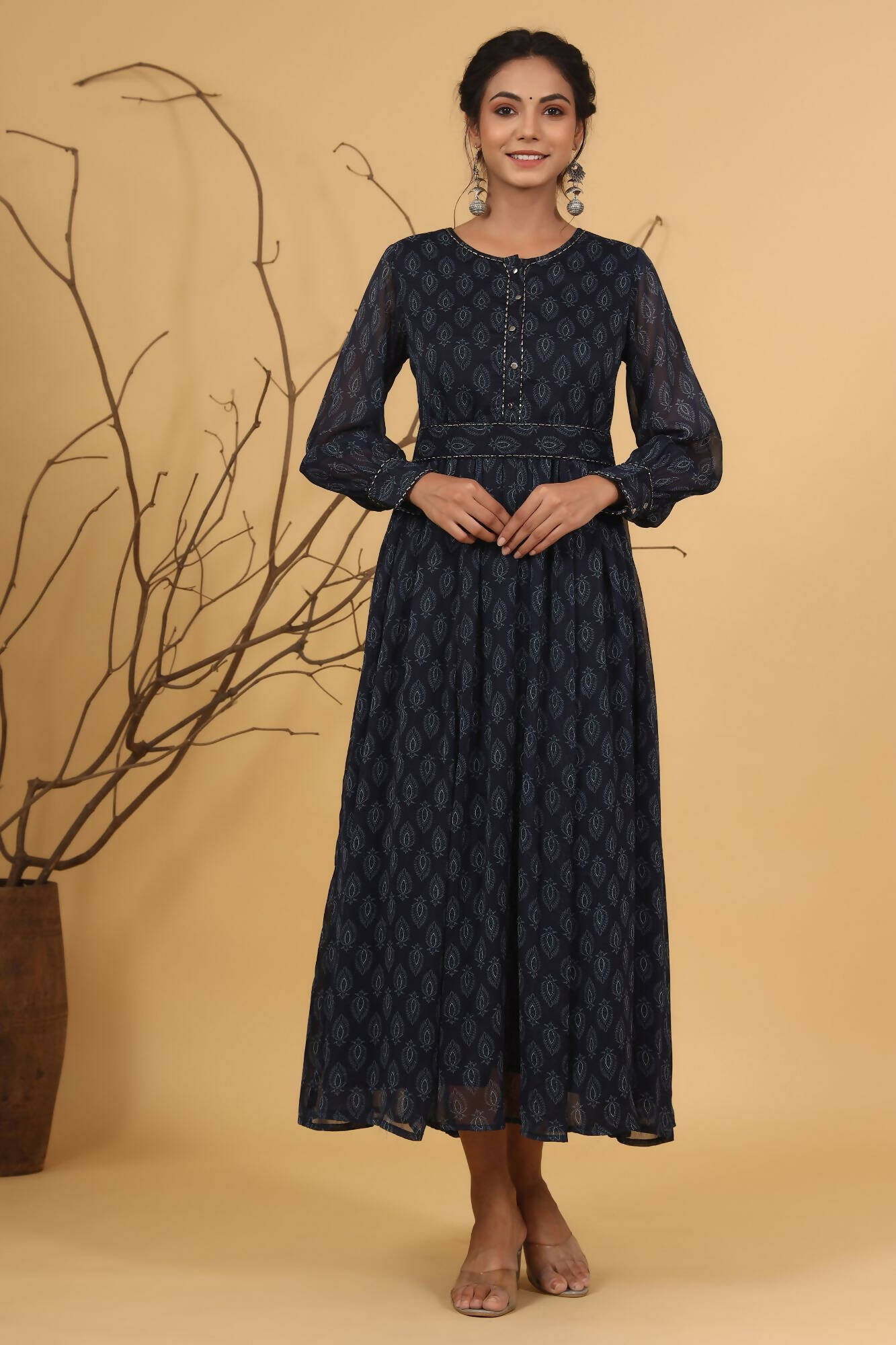 Juniper Women Navy Chiffon Printed Flared Dress - Distacart