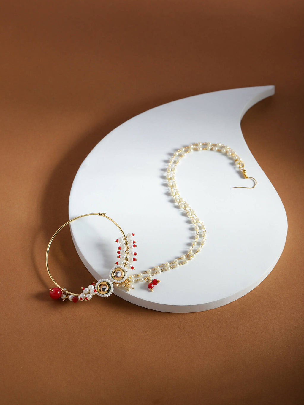 Gold-Plated White Red Kundan Studded Beaded Chained Nose Ring - Ruby Raang - Distacart