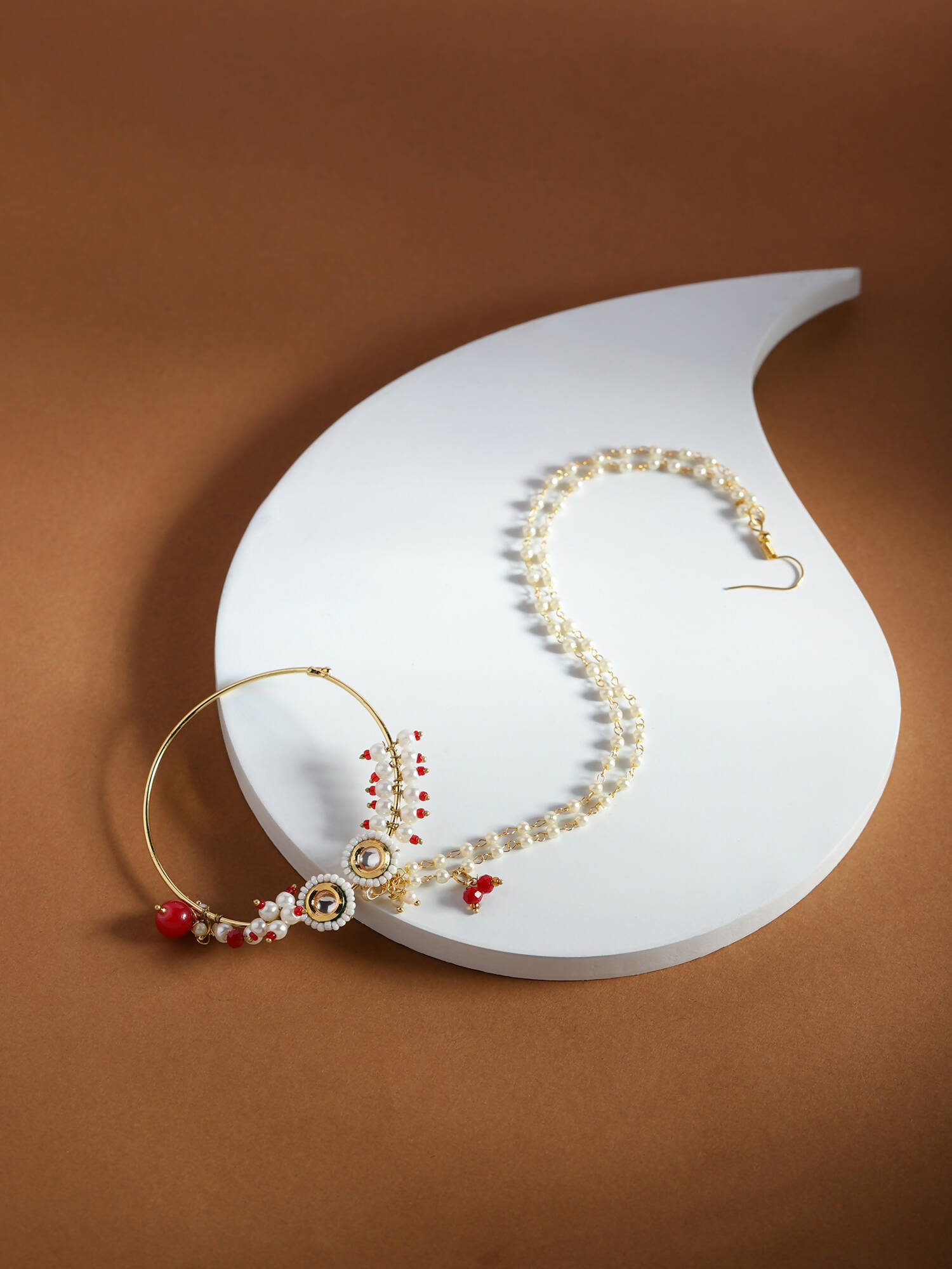 Gold-Plated White Red Kundan Studded Beaded Chained Nose Ring - Ruby Raang - Distacart