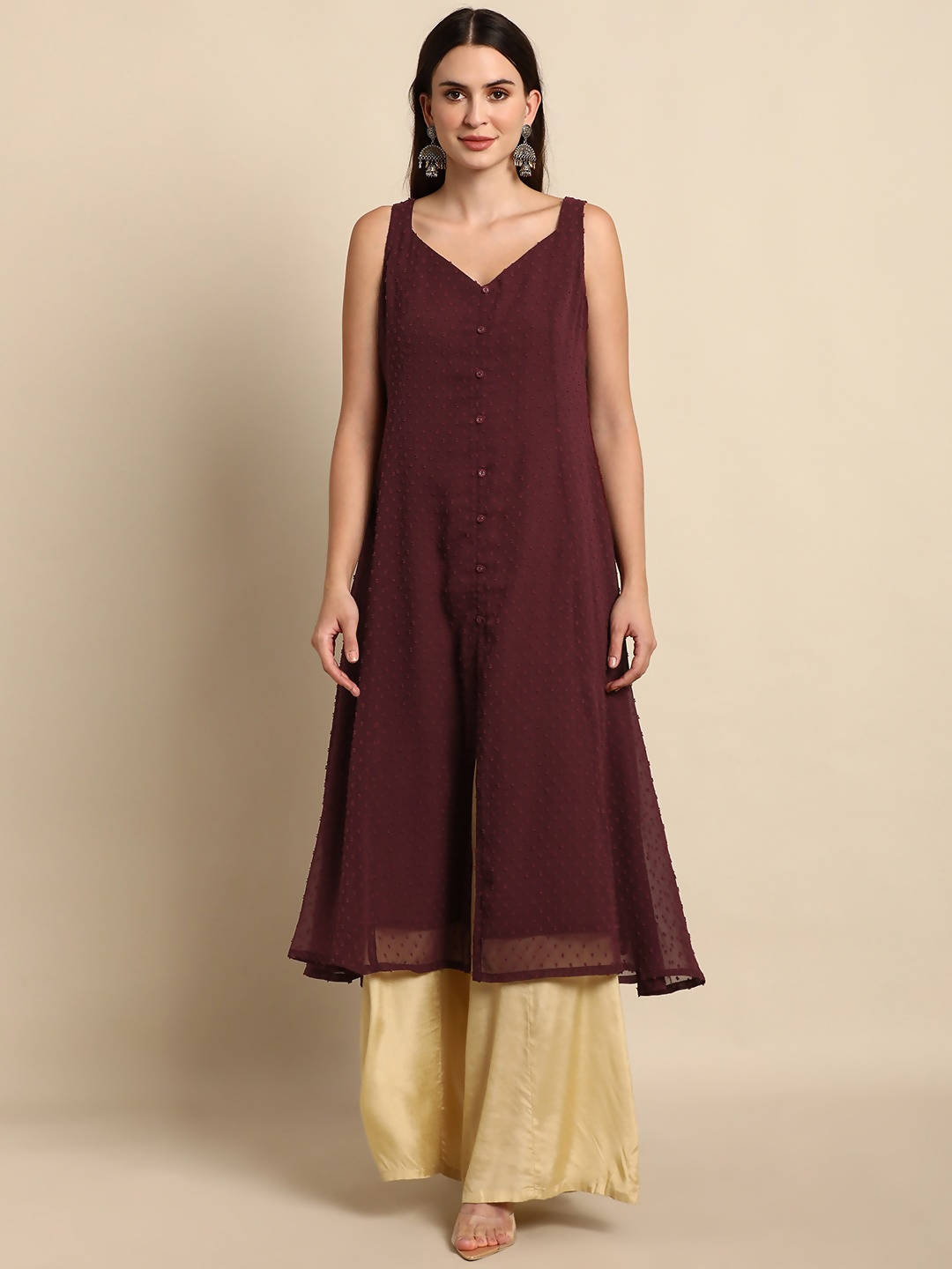 Janasya Maroon Poly Chiffon Dobby Weave Kurta - Distacart